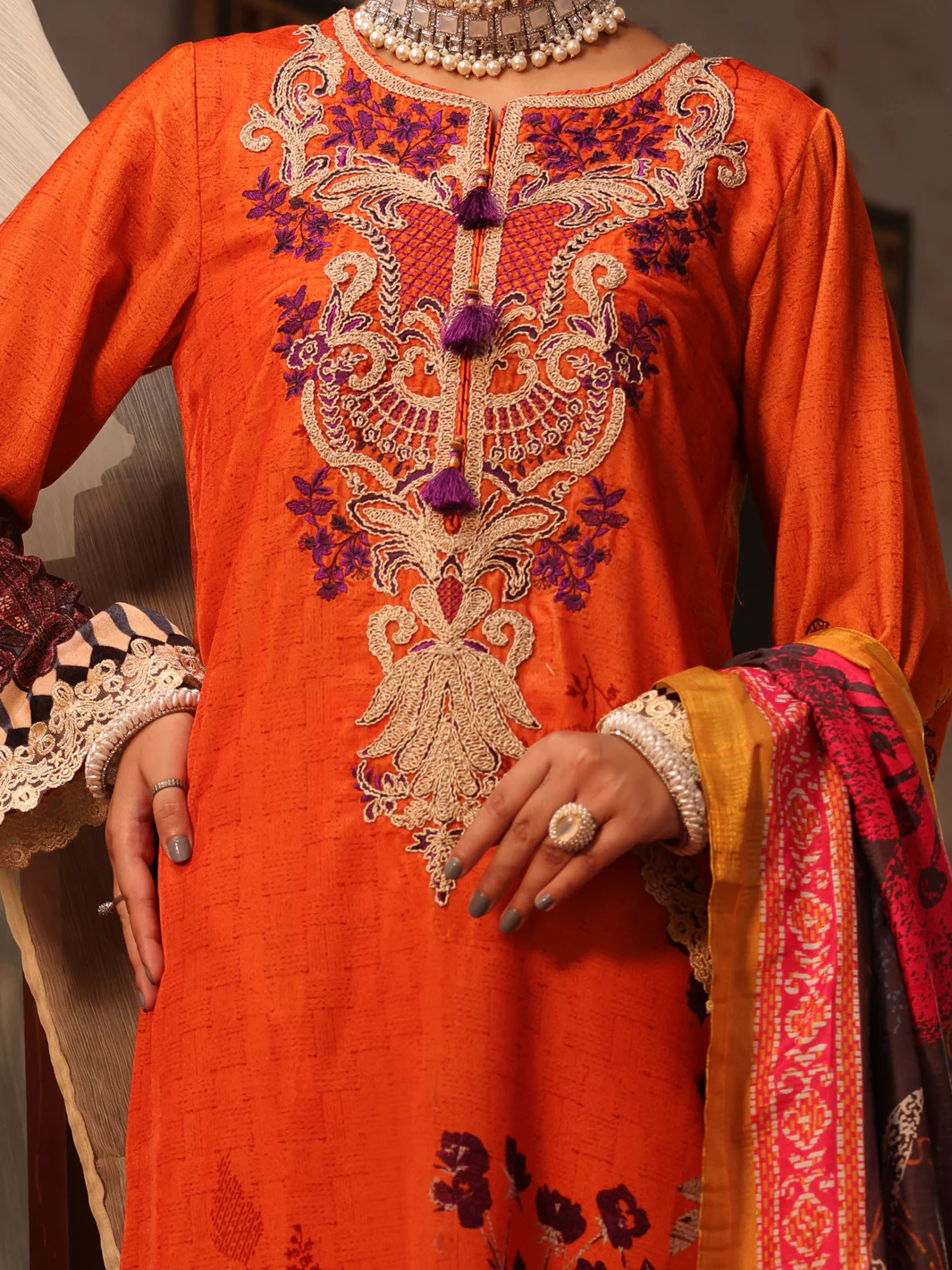 Orange Velvet Unstitched 3 Piece - AWP-3PS-449 - Image 3