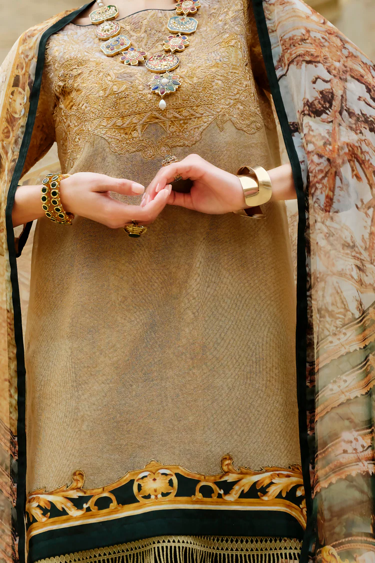 Gold Cotton Net 3 Piece Stitched - ALP-677 - Image 2