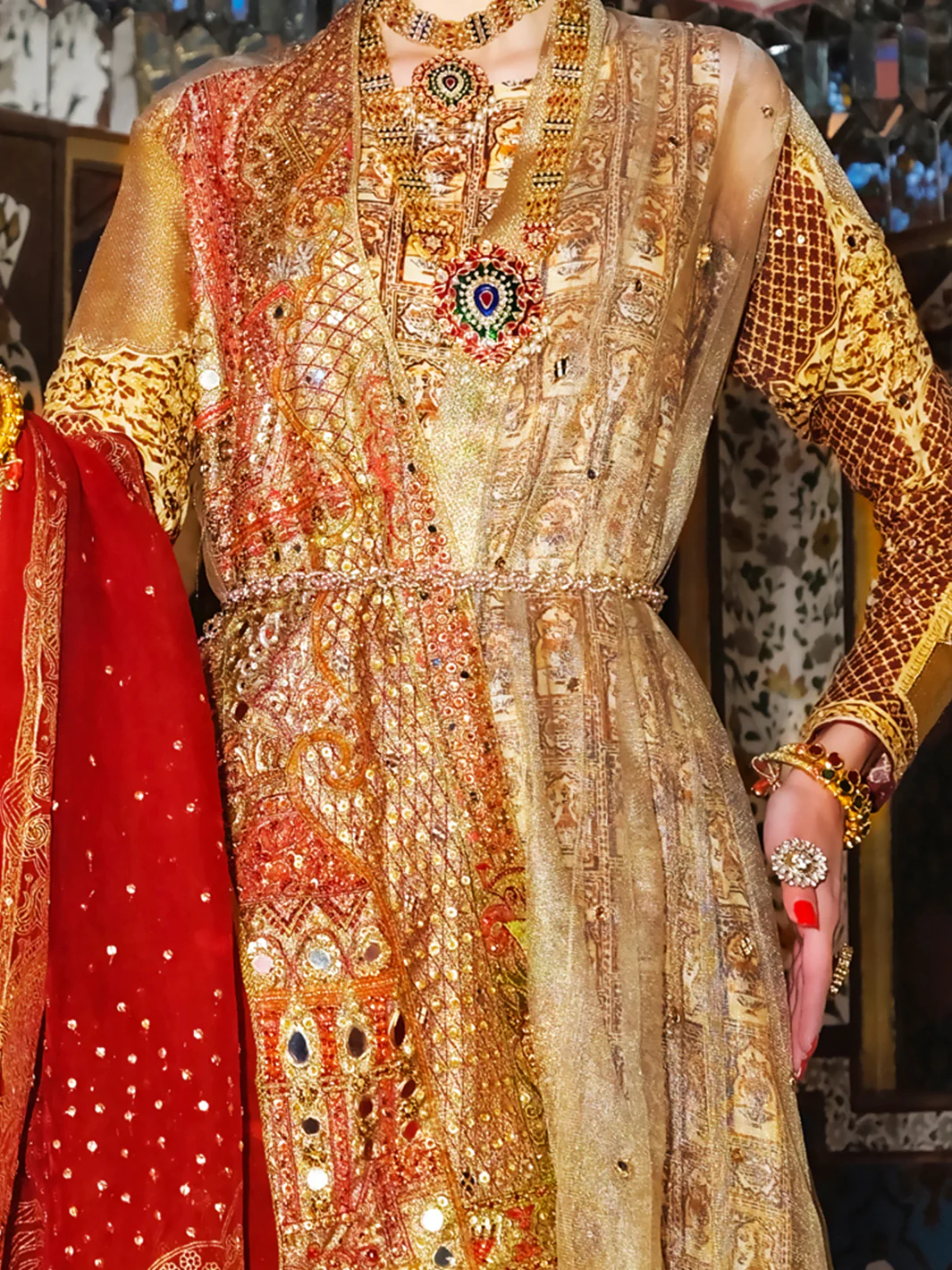 Gold Viscose Net 3 Piece Formal Stitched Suit - LS-248 - Image 2